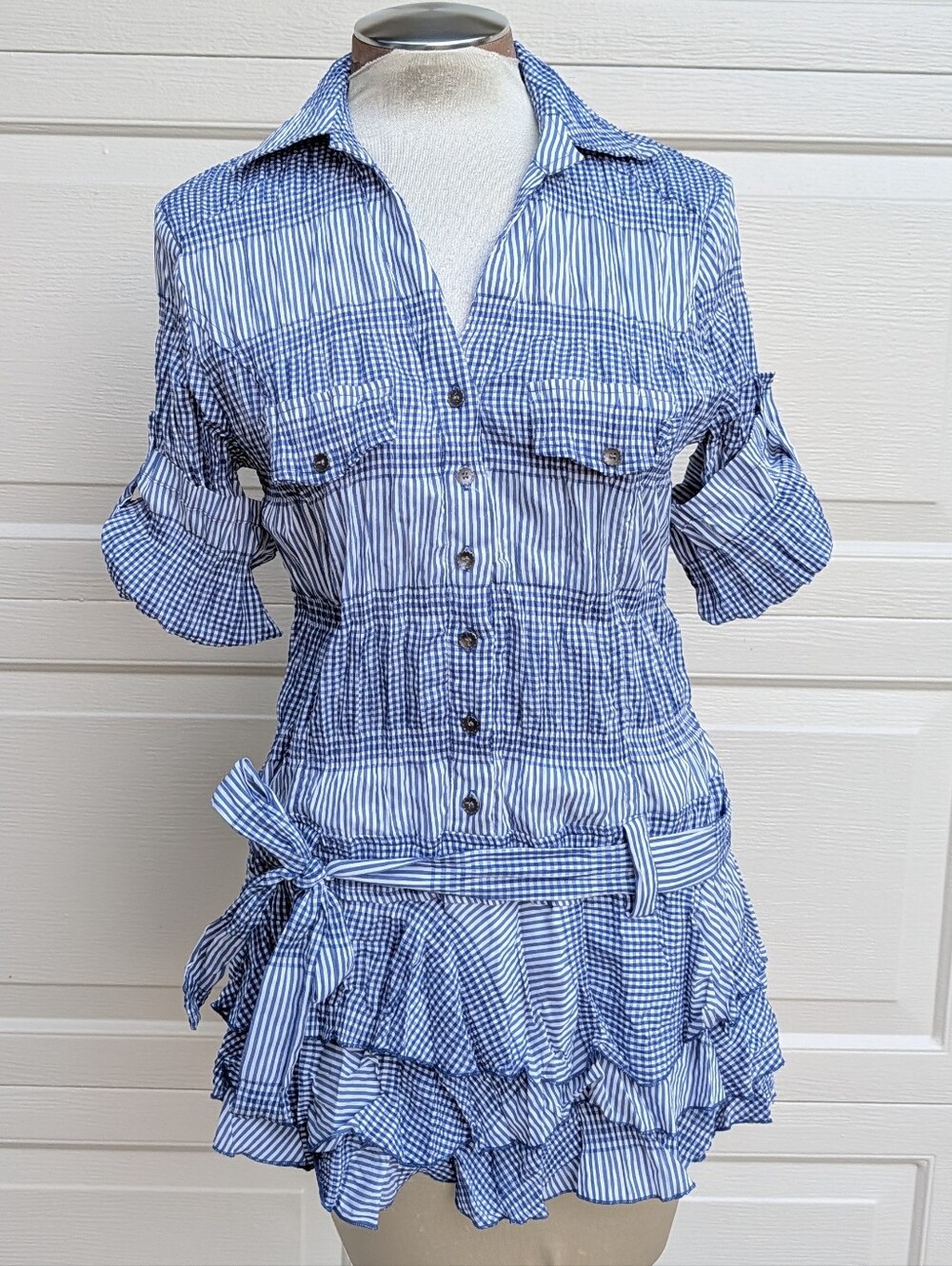 ALBERTO MAKALI gingham stripe peplum top M